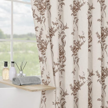 Brown Linen Farmhouse Shower Curtain, Boho Floral Bathroom 72x72