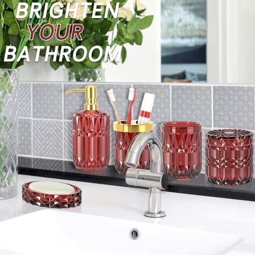 Red Bathroom Accessories Set, Glass Soap Dispenser Set with Rust Proof Stainless Steel Pump, Soap Holder, Toothbrush Holder, Tumbler, Cotton Swab Jars, Wine Red Bathroom Set Bathroom Decor Sets Gift