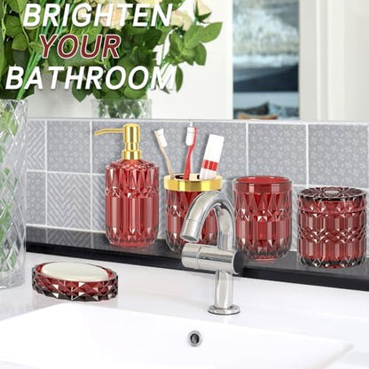 Red Bathroom Accessories Set, Glass Soap Dispenser Set with Rust Proof Stainless Steel Pump, Soap Holder, Toothbrush Holder, Tumbler, Cotton Swab Jars, Wine Red Bathroom Set Bathroom Decor Sets Gift