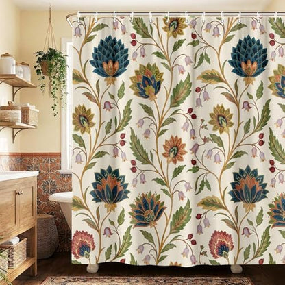 Vintage Floral Shower Curtain for Bathroom, Rustic Farmhouse Beige and Teal Sage Green Boho Botanical Shower Curtains, Retro Cottagecore Wildflower Aesthetic Bath Curtain Set with Hooks， 72 x 78 Inch