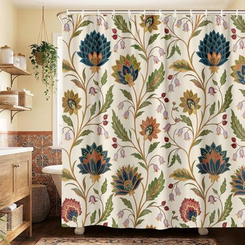 Vintage Floral Shower Curtain for Bathroom, Rustic Farmhouse Beige and Teal Sage Green Boho Botanical Shower Curtains, Retro Cottagecore Wildflower Aesthetic Bath Curtain Set with Hooks， 72 x 84 Inch