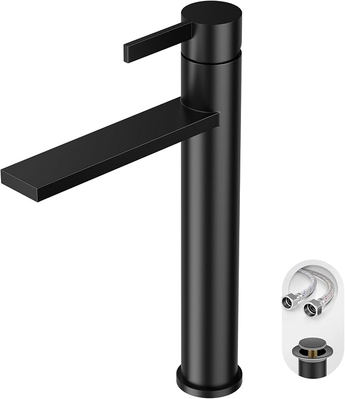 Matte Black one Hole Tall Bathroom Vessel Sink Faucet, Single Hole Single Handle Vanity Bathroom Faucet, with Pop Up Drain and Water Supply Line, FH02-MB-V