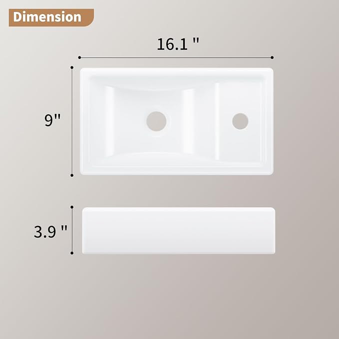 16" x 9" Wall Mount Bathroom Sink Rectangule Floating Sink Porcelain Ceramic White Bathroom Vessel Sink Right Hand Set