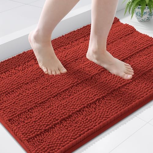 Grandaily Chenille Striped Bathroom Rugs 36x24, Extra Thick and Soft Absorbent Bath Mats, Rubber Backing, Plush Shaggy Shower Carpet, Machine Wash Dry, Bath Rug for Bathroom, Rustic Terracotta