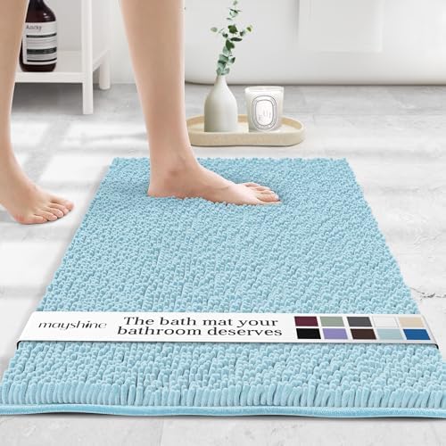 MAYSHINE Small Plush Shaggy Chenille Bath Mat, 24"x17" Extra Soft, Super Absorbent, Non-Slip Bathroom Rug | Fluffy Microfiber, Area Rug Sets for Bathroom Floor, Kitchen, Living Room | Spa Blue