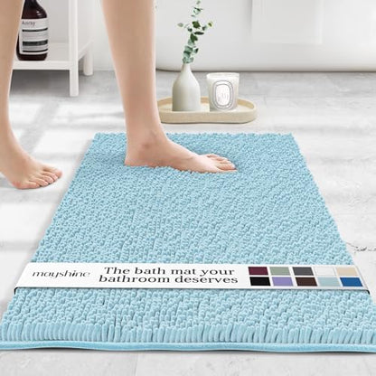 MAYSHINE Small Plush Shaggy Chenille Bath Mat, 24"x17" Extra Soft, Super Absorbent, Non-Slip Bathroom Rug | Fluffy Microfiber, Area Rug Sets for Bathroom Floor, Kitchen, Living Room | Spa Blue