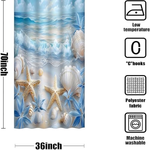 Beach Seashell Shower Curtain, Ocean Waves Starfish Design, Blue Floral Pattern, Summer Coastal Bathroom Decor