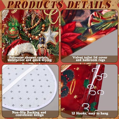 FuWeave 8 Pcs Merry Christmas Shower Curtain Set, Black Santa Angel Xmas Tree Red Plaid Farmhouse Bathroom Decor, Non-Slip Bath Rug, U Contour Mat, Toilet Lid Cover, Hand Towels & 12 Hooks