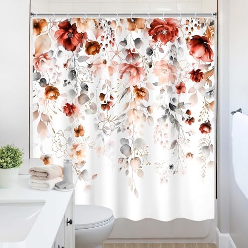 Autumn Fall Floral Red Burgundy Brown Bathroom Shower Curtain Set