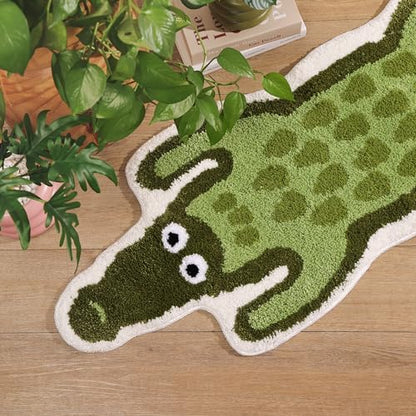 Panstar Crocodile Bath Mat for Bathroom, Cute Animal Bath Mats Non Slip Alligator Shaped Absorbent Bathtub Rug Bathroom Plush Shower Rugs