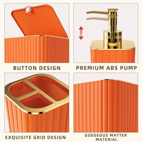 XLHOMO Bathroom Accessory Set - 26PC Bathroom Shower Curtain and Rug Set, Bathroom Accessories Set, Orange Bathroom Set with Trash Can, Toilet Brush, Qtip Holder & Soap Dispenser