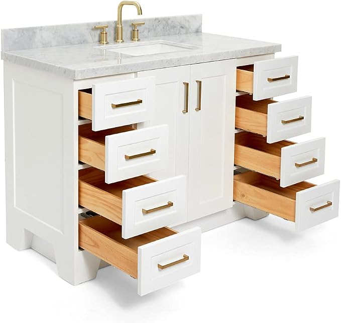 Emilia 48-Inch Bathroom Vanity with Sink — White Single Sink Bathroom Vanity, 1.5" Edge Italian Carrara Marble Top, Solid Wood, 2 Soft Closing Doors, 9 Dovetail Drawers