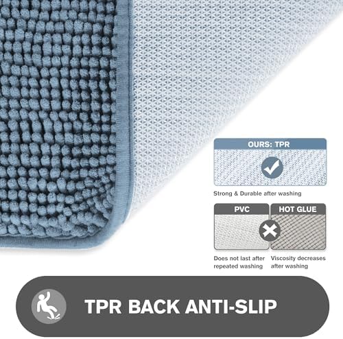 Blue Bathroom Rugs – Absorbent and Washable Bath Mat, Non-Slip, Thick Soft Chenille Bath Rugs for Bathroom Floor, Shower, Sink - 26" x 44"