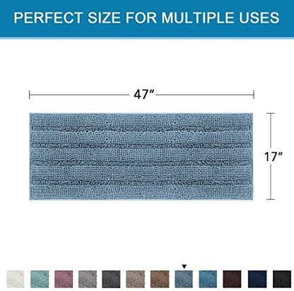 H.VERSAILTEX Bath Rugs for Bathroom Washable Non Slip Extra Thick Chenille Striped Bath Mat Rug Runners 47" x 17" Absorbent Fluffy Soft Shaggy Mats Plush Area Carpet for Bath Room, Tub - Stone Blue