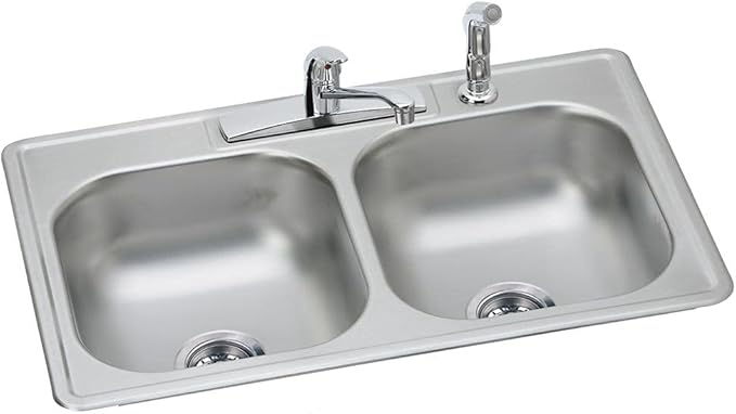 Dayton Stainless Steel 33" x 22" x 7-1/16", 4-Hole Equal Double Bowl Drop-in Sink and Faucet Kit