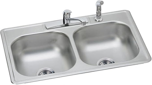 Dayton Stainless Steel 33" x 22" x 7-1/16", 4-Hole Equal Double Bowl Drop-in Sink and Faucet Kit