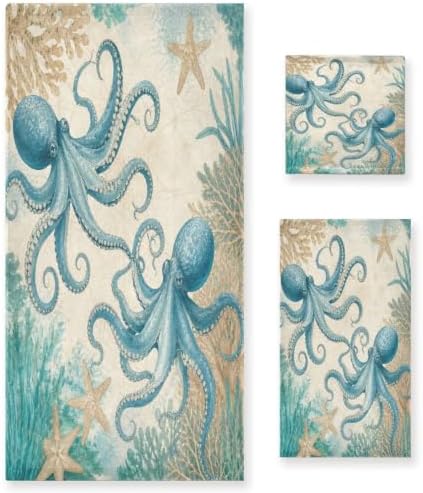 Naanle Nautical Octopus Marine Old Map Soft Luxury Decorative 3 Pieces Towels Set, 1 Bath Towel+1 Hand Towel+1 Washcloth, Multipurpose for Bathroom, Hotel, Gym, Spa and Kitchen