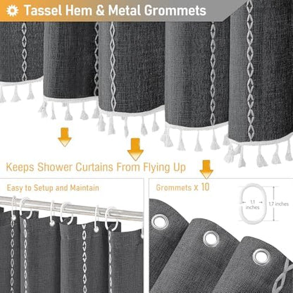 BTTN 60x72 Boho Farmhouse Linen Heavy Duty Shower Curtain, Charcoal Grey