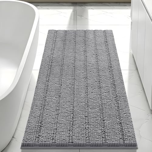 Bcoimo Bath Rug Mat,44x24 Chenille Non Slip Gray Long Bathroom Runner Rugs