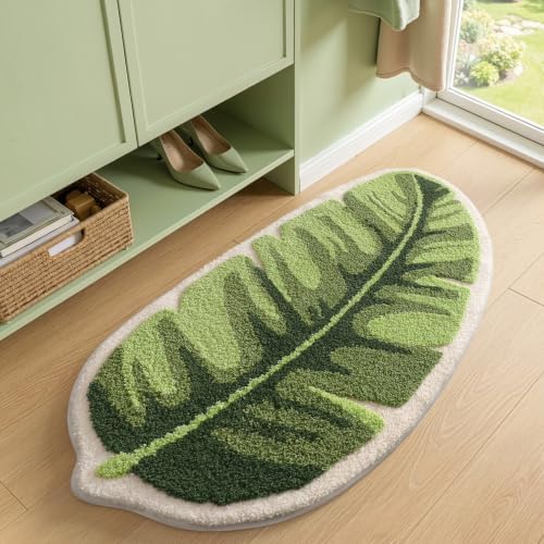 LUMI Cute Bathroom Rug Green Leaf, Absorbent Non Slip Bath Mat, 19.5"x39.5"