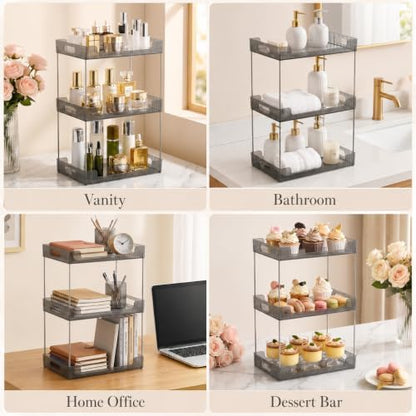 Goderewild 3-Tier Bathroom Counter Organizer, Multi-Purpose Cosmetics Skincare Shelf, Makeup Organizer for Vanity Tray, Countertop Storage Solution for Kitchen and Bath. (Smoky Gray)