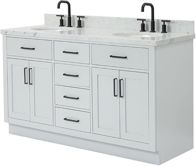 ARIEL Hepburn 60-inch Bathroom Vanity with Sink,Solid Wood, 1.5-inch Italian Carrara Marble Countertop & Backsplash, Double Oval Porcelain Sink, 4 Soft Closing Doors, 6 Dovetail Drawers, Grey