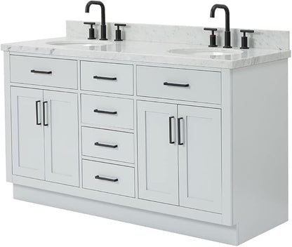 ARIEL Hepburn 60-inch Bathroom Vanity with Sink,Solid Wood, 1.5-inch Italian Carrara Marble Countertop & Backsplash, Double Oval Porcelain Sink, 4 Soft Closing Doors, 6 Dovetail Drawers, Grey