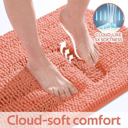 ACCUMTEK Striped Coral Bathroom Rug Set 3 Pieces Ultra Soft, Non Slip Chenille Toilet Mat, Absorbent Plush Shaggy Bath Mats for Bathroom, Bedroom, Kitchen