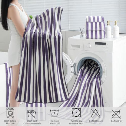 18 Pcs Purple Stripe Bath Towel Set with Hanging Loop-6 Bath Towels,6 Hand Towels,6 Washcloths Soft Family Towels Set Bathroom Towel Highly Absorbent Quick Dry Shower Towel for Beach Spa Gym Hotel