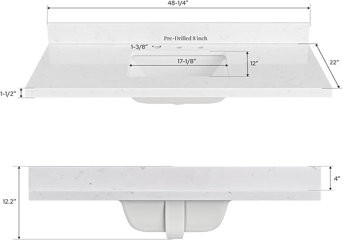 ARIEL 48 inch Bathroom Vanity top with Sink, 1.5 Inch Thick Miter Edge Carrara White Quartz top, Rectangle Single Porcelain Sink, Includes Backsplash