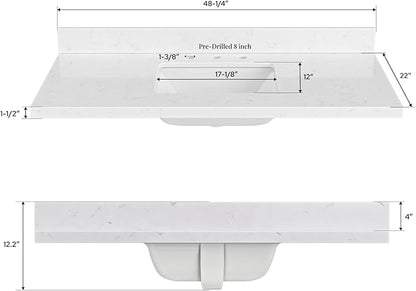 ARIEL 48 inch Bathroom Vanity top with Sink, 1.5 Inch Thick Miter Edge Carrara White Quartz top, Rectangle Single Porcelain Sink, Includes Backsplash