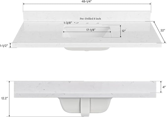 ARIEL 48 inch Bathroom Vanity top with Sink, 1.5 Inch Thick Miter Edge Carrara White Quartz top, Rectangle Single Porcelain Sink, Includes Backsplash