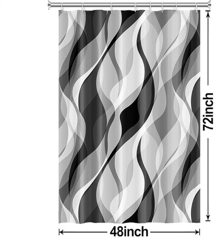 Grey Shower Curtain, Modern Abstract Black and Grey Striped Shower Curtain Set for Bathroom Waterproof White Gray Shower Curtain with Hooks, 48x72 Inch