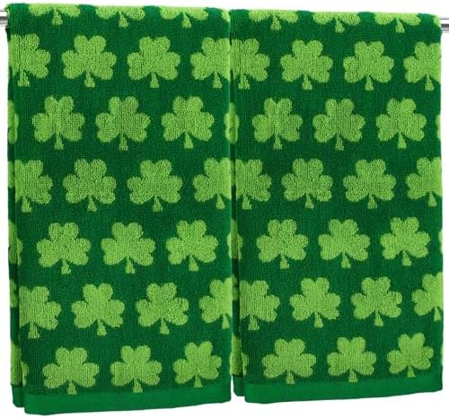 Whaline St. Patrick's Day Hand Towels Shamrock Jacquard Cotton Bathroom Towel Green Lucky Clover Absorbent Bath Towel for Kitchen Dish Drying Cleaning Cooking, 29.5 x 13.4 Inch, 2Pcs