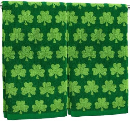 Whaline St. Patrick's Day Hand Towels Shamrock Jacquard Cotton Bathroom Towel Green Lucky Clover Absorbent Bath Towel for Kitchen Dish Drying Cleaning Cooking, 29.5 x 13.4 Inch, 2Pcs