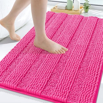 Grandaily Chenille Striped Bathroom Rugs 30x20, Extra Thick and Absorbent Bath Mats, Non-Slip Soft Plush Shaggy Shower Carpet, Machine Wash Dry, Bath Rug for Bathroom, (Medium, Deep Pink)
