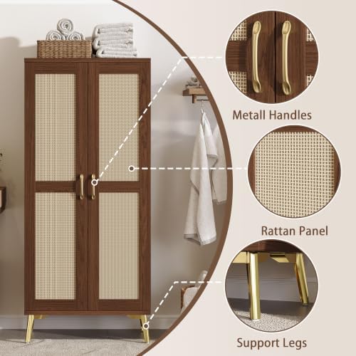 JASIWAY Tall Bathroom Storage Cabinet 57" Rattan Pantry Cabinet, Walnut