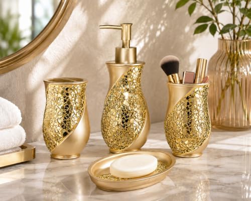 Zahari Home 4pc Sinatra Stylish Bathroom Accessories Set Champagne Gold Soap Dispenser Pump, Tumbler, Tooth Brush Holder and Soap Dish Modern Decor Bling Mosaic Glass Gold Bathroom Accessories