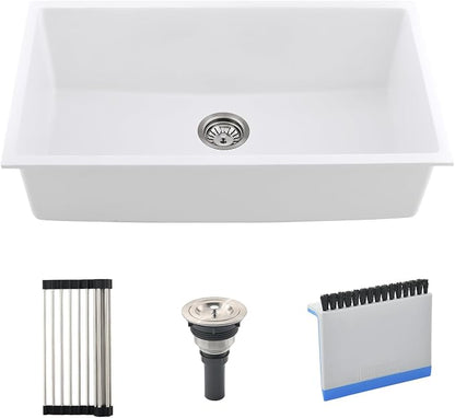 33 Inch White Undermount Kitchen Sink | 33x19 Granite Composite Kitchen Sink Quartz Undermount Single Bowl Deep Kitchen Sink with Countertop Squeegee Brush Combo