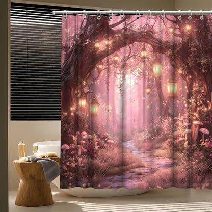 Fantasy Forest Path Shower Curtain Pink Fairy Magical Enchanted Misty Jungle Mushroom Floral Tree Butterfly Lantern Wonderland Bath Curtain Fabric Bathroom Accessories Decor with Hooks 84W x70L