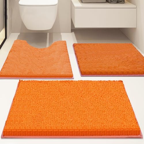 Bathroom Rugs Sets 3 Piece Non Slip,Bath Rugs with PVC Backing Bath Carpet,Bathroom Rug Washable,Absorbent,Plush Carpet Mats,Bath Mats for Bedroom, Kitchen,Tub,Home Decor (Orange)