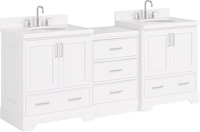 ARIEL Stafford 84-inch Bathroom Vanity with Sink,Solid Wood, 1.5in Carrara White Quartz Countertop & Backsplash, Double Oval Porcelain Sink, 4 Soft Closing Doors, 5 Dovetail Drawers, White