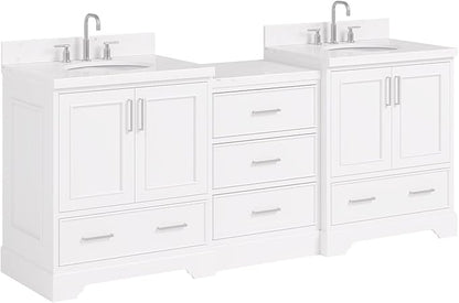 ARIEL Stafford 84-inch Bathroom Vanity with Sink,Solid Wood, 1.5in Carrara White Quartz Countertop & Backsplash, Double Oval Porcelain Sink, 4 Soft Closing Doors, 5 Dovetail Drawers, White