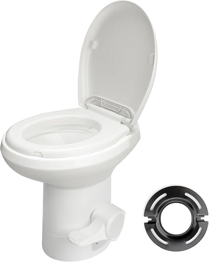 Efficient Gravity-Flush RV Toilet with Quiet-Close, Triple-Jet Flush with Adjustable Water Level, Standard Height and Foot Pedal for RVs, Trailers, and Campers