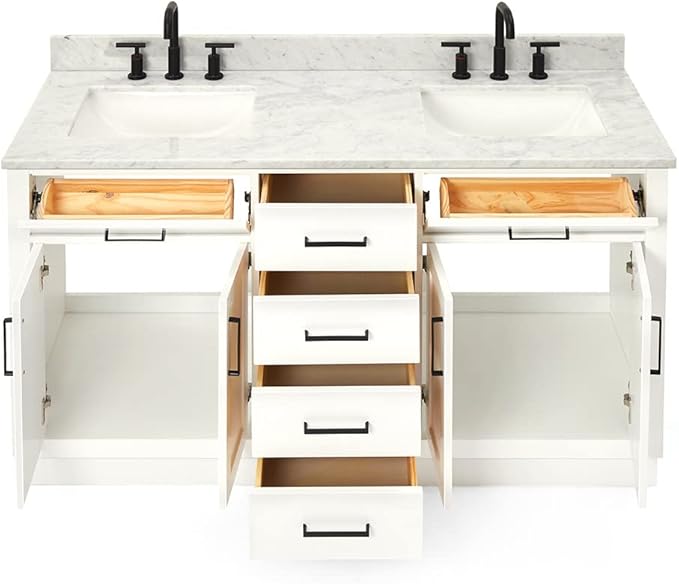 ARIEL Hepburn 60-inch Bathroom Vanity with Sink,Solid Wood, 0.75-inch Italian Carrara Marble Countertop, Double Rectangular Porcelain Sink, 4 Soft Closing Doors, 6 Dovetail Drawers, White