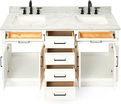 ARIEL Hepburn 60-inch Bathroom Vanity with Sink,Solid Wood, 0.75-inch Italian Carrara Marble Countertop, Double Rectangular Porcelain Sink, 4 Soft Closing Doors, 6 Dovetail Drawers, White