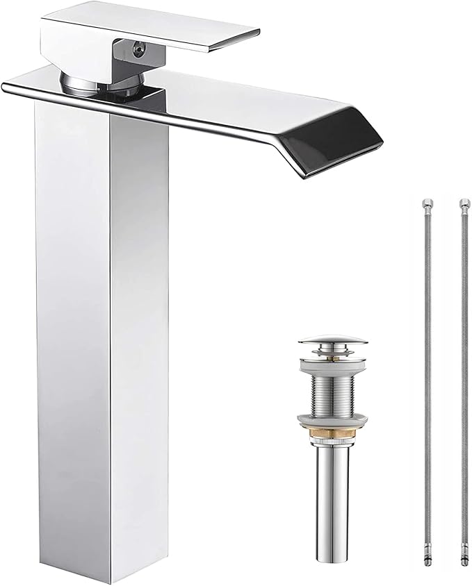 Chrome Bathroom Vessel Faucet Waterfall One Hole Bowl of Sink Faucet Tall Single Handle Bathroom Faucets with Drain Assembly Modern Vanity Lavatory Deck Mount Supply Lines Hose