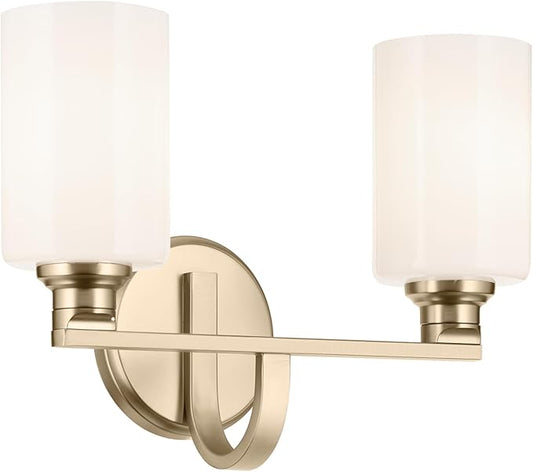 Kichler Gioe 14.25" 2-Light Vanity Light with Opal Glass in Champagne Bronze, Damp Rated, for Bathroom, Powder Room, Over a Mirror, (14.25" W x 10.5" H), 55225CPZ