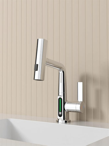 Bathroom Single Handle One Hole Basin Sink Pull Out Faucet with Waterfall Sprayer Temperature Digital Display Vanity Mixer Tap Pull-Down Spray Head Chrome