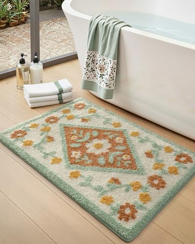 DEXI Boho Floral Bathroom Rug 32x20, Diamond Green Leaf Bath Mats Non Slip